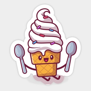 Cute Ice Cream Sitting And Holding Spoons Sticker